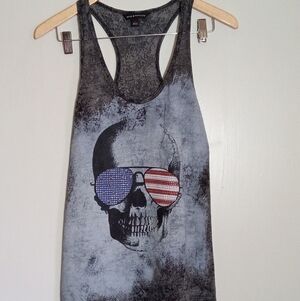 Rock & Republic acid wash skull with American flag embellished longline tank